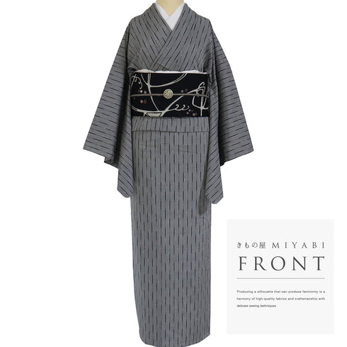 紬 リサイクル 身丈162.7cm 裄68cm 単衣 デザイン縞模様 グレー Lサイズ お洒落 正絹 広衿 Aランク