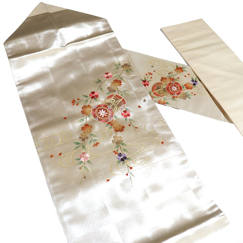 名古屋帯 リサイクル 帯丈360cm ポイント柄 流水につつみと桜柄 ベージュ Mサイズ 正絹 未使用品 お洒落