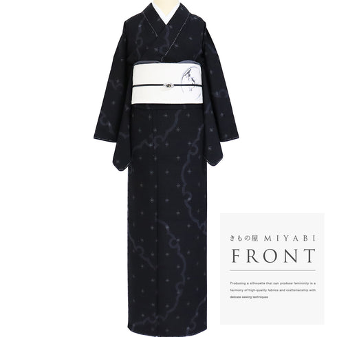 紬 リサイクル 身丈159cm 裄66.8cm 袷 雪輪柄 ブラック Mサイズ カジュアル お洒落 しつけ糸 正絹 広衿 Sランク