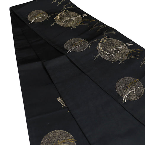 京袋帯 リサイクル 帯丈376cm 六通 月とススキ柄 ブラック Mサイズ ポリエステル Sランク お洒落 カジュアル