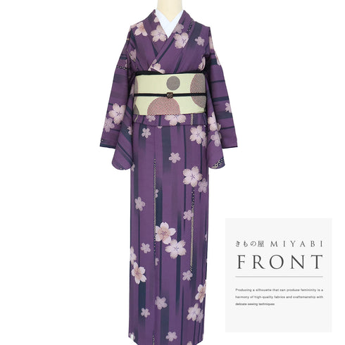 小紋 リサイクル 身丈168cm 裄64.5cm 袷 桜柄 パープル LLサイズ お洒落 カジュアル ポリエステル 洗える着物 広衿 Sランク
