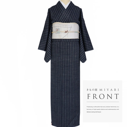 紬 リサイクル 身丈160.2cm 裄63.5cm 袷 縞柄 ネイビー Mサイズ カジュアル お洒落 正絹 広衿 Sランク