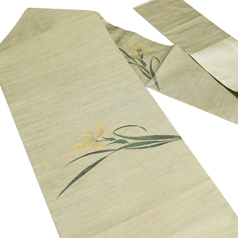 名古屋帯 リサイクル 帯丈353.5cm ポイント柄 花柄 グリーン Sサイズ 正絹 Sランク お洒落 カジュアル