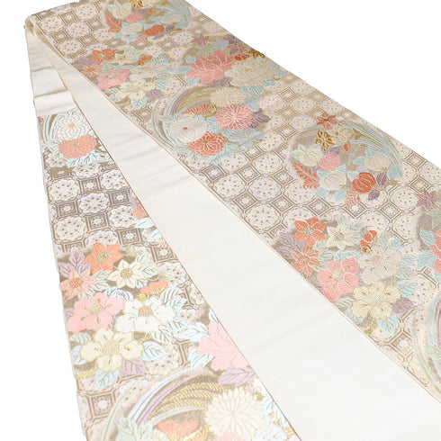 袋帯 リサイクル 帯丈430cm 六通 橘や菊や流水柄 刺繍 ベージュ Sサイズ 正絹 Sランク フォーマル セミフォーマル