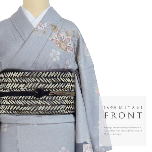 訪問着 リサイクル 身丈166cm 裄66.8cm 袷 道長取りに華文柄 金駒刺繍 ゆったりサイズ ブルー LLサイズ フォーマル セミフォーマル しつけ糸 正絹 広衿 Sランク