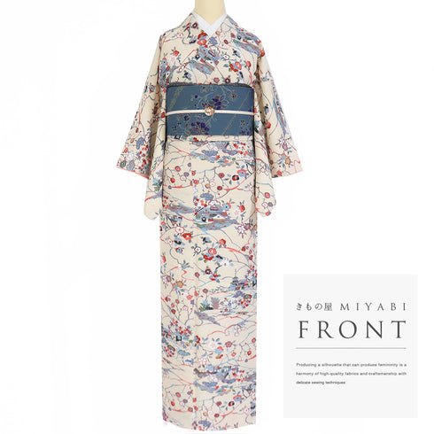 小紋 リサイクル 身丈156.5cm 裄62.6cm 袷 風景や四季花柄 ベージュ Mサイズ お洒落 ポリエステル 洗える着物 広衿 Sランク