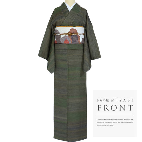 紬 リサイクル 身丈162cm 裄66cm 袷 グリーン Lサイズ カジュアル お洒落 しつけ糸 正絹 広衿 Sランク