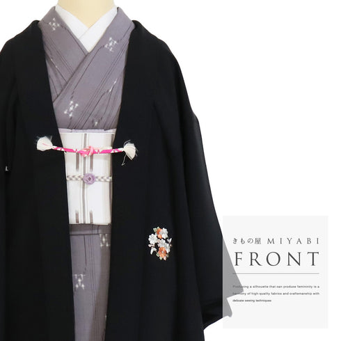 黒羽織 リサイクル 身丈77.5cm 裄64.4cm 袷 和本や花丸柄 刺繍 黒絵羽 ブラック Sサイズ フォーマル 正絹 Sランク