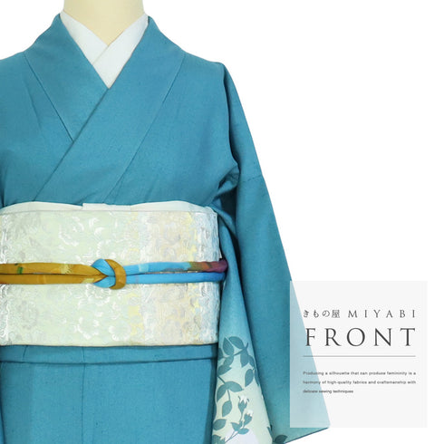 付下げ リサイクル 身丈147.5cm 裄63.8cm 袷 結城紬 五月みどりプロデュース 花柄 ブルー SSサイズ お洒落 正絹 広衿 Sランク