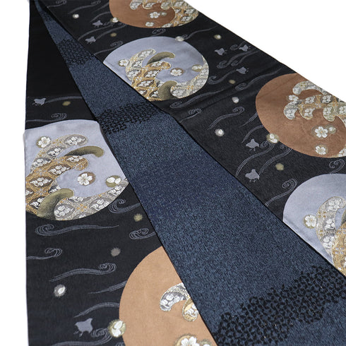 袋帯 リサイクル 帯丈450cm 六通 丸に波柄 千鳥柄 ブラック Lサイズ 正絹 Sランク フォーマル お洒落