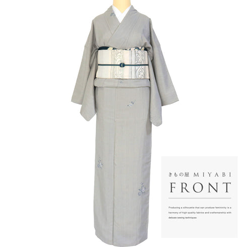 紬 リサイクル 身丈159cm 裄66.4cm 袷 花柄 グレー Mサイズ お洒落 落款 正絹 広衿 Sランク