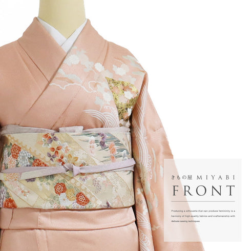 訪問着 リサイクル 身丈168.8cm 裄67.6cm 袷 花柄 金駒刺繍 ピンク LLサイズ セミフォーマル お洒落 正絹 広衿 Sランク