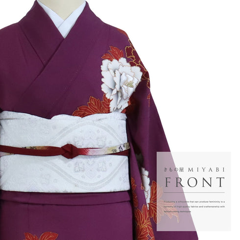 訪問着 リサイクル 身丈154cm 裄65.2cm 袷 牡丹柄 部分刺繍 箔加工 パープル Sサイズ セミフォーマル お洒落 正絹 広衿 Aランク