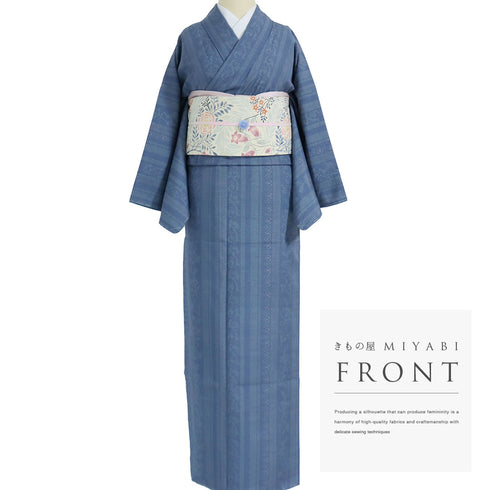 結城紬 リサイクル 身丈163.5cm 裄66.4cm 袷 デザイン縦縞模様 ブルー Lサイズ お洒落 カジュアル 証紙 しつけ糸 正絹 広衿 Sランク