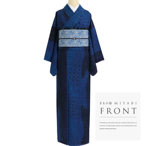 小紋 リサイクル 身丈147cm 裄62.8cm 袷 更紗柄 地紋 ブルー SSサイズ お洒落 カジュアル 正絹 広衿 Sランク