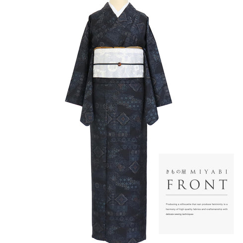 大島紬 リサイクル 身丈158cm 裄67cm 袷 オリエンタル柄 ネイビー Mサイズ カジュアル お洒落 正絹 広衿 Sランク