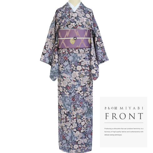 小紋 リサイクル 身丈159cm 裄62.8cm 袷 辻ヶ花模様 地紋 グレー Mサイズ お洒落 カジュアル 証紙 しつけ糸 正絹 広衿 Sランク