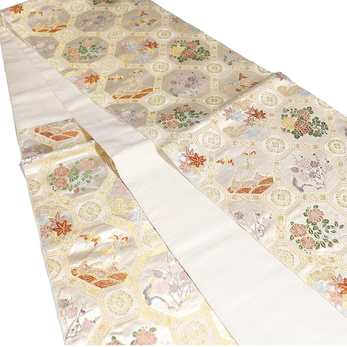 袋帯 リサイクル 帯丈436cm 六通 蜀江に花柄 ゴールド Mサイズ 正絹 Sランク フォーマル セミフォーマル