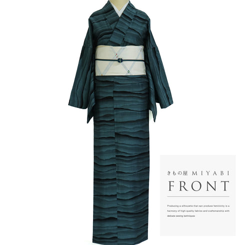 紬 リサイクル 身丈163.7cm 裄69.8cm 袷 一蔵プレミアム10加工 雲海模様 グリーン Lサイズ カジュアル お洒落 正絹 広衿 Sランク