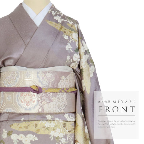 訪問着 身丈165.5cm 裄67.5cm 袷 かすみに菊模様 金駒刺繍 箔 パープル LLサイズ セミフォーマル 正絹 広衿 Aランク