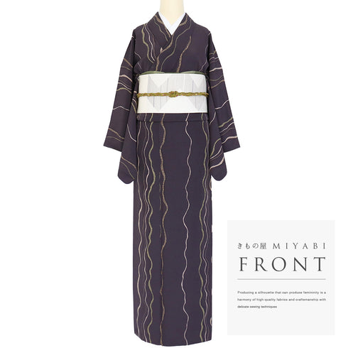 小紋 リサイクル 身丈163.8cm 裄66.8cm 袷 曲線柄 パープル Lサイズ お洒落 カジュアル 正絹 広衿 Aランク