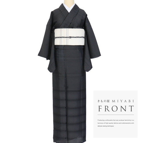 小紋 リサイクル 夏着物 身丈160.5cm 裄62.4cm 夏物 曲線柄 ブラック Lサイズ カジュアル お洒落 不明 広衿 Sランク