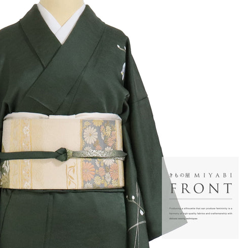 付下げ リサイクル 身丈157.2cm 裄62.4cm 袷 胡蝶蘭 草花柄 箔 グリーン Mサイズ フォーマル セミフォーマル 正絹 広衿 Sランク