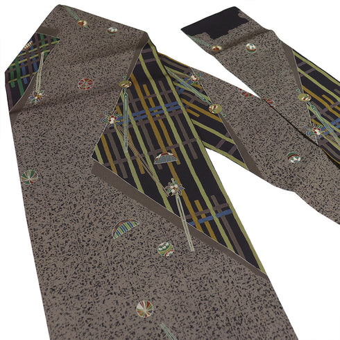 名古屋帯 リサイクル 帯丈420cm 全通 櫛柄 鞠柄 簪柄 ブラウン LLサイズ 正絹 Sランク お洒落