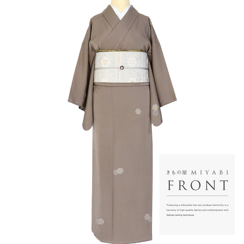 小紋 リサイクル 身丈151cm 裄63.2cm 袷 雪輪柄 ブラウン Sサイズ お洒落 一つ紋 しつけ糸 正絹 広衿 Sランク