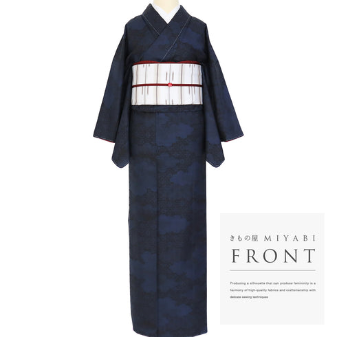 紬 リサイクル 身丈163.8cm 裄64.8cm 袷 雲取に麻の葉柄 ネイビー Lサイズ お洒落 カジュアル しつけ糸 正絹 広衿 Sランク