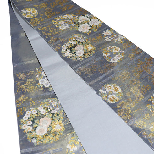 袋帯 リサイクル 帯丈432cm 六通 花の丸や萩柄 箔 グレー Sサイズ 正絹 Sランク フォーマル セミフォーマル