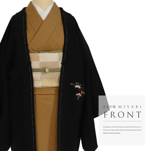 黒羽織 リサイクル 身丈81.2cm 裄67.2cm 袷 黒絵羽 祇園祭柄 ブラック Lサイズ フォーマル しつけ糸 正絹 Sランク