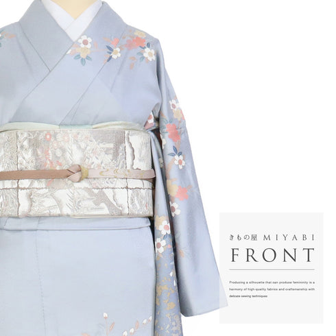 訪問着 リサイクル 身丈162cm 裄66.4cm 袷 花各種柄 ブルー Lサイズ セミフォーマル お洒落 正絹 広衿 Aランク
