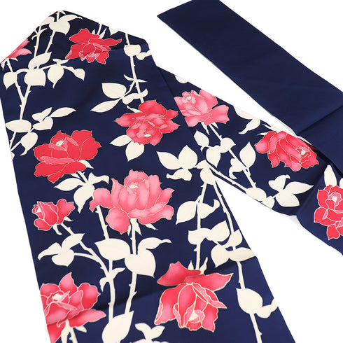 名古屋帯 リサイクル 帯丈370cm 六通 塩瀬 薔薇柄 ネイビー Mサイズ 正絹 Aランク お洒落