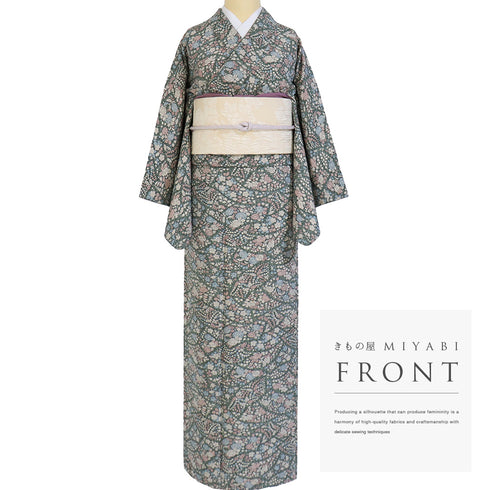 小紋 リサイクル 身丈162cm 裄65.8cm 袷 辻が花風模様 グリーン Lサイズ お洒落 カジュアル 正絹 広衿 Aランク