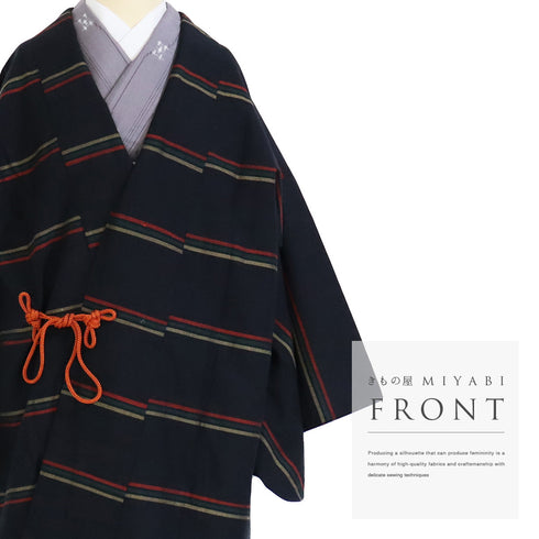 道中着 リサイクル 身丈130.8cm 裄67.4cm 袷 紬 ロング丈 縞柄 ブラック Lサイズ お洒落 カジュアル 正絹 Aランク