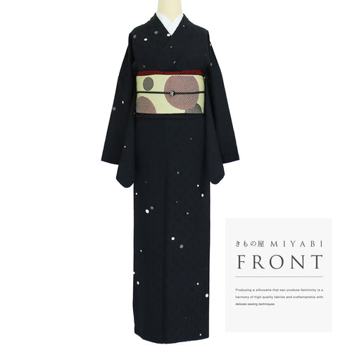 小紋 リサイクル 身丈166cm 裄71.2cm 袷 水玉柄 地紋 箔 ブラック LLサイズ お洒落 カジュアル 正絹 広衿 Sランク