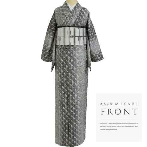 紬 リサイクル 身丈158cm 裄66.4cm 袷 縦鱗柄 縞模様 グレー Mサイズ お洒落 落款 正絹 広衿 Sランク