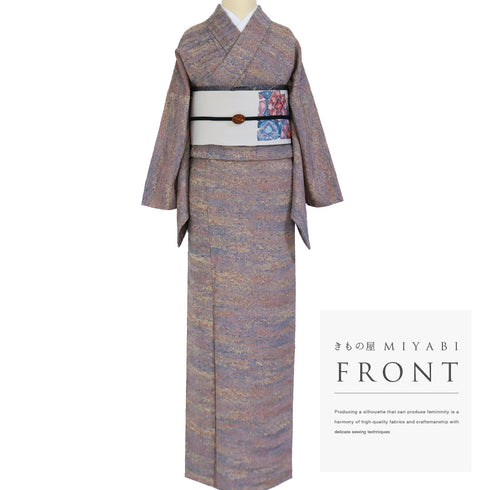 小紋 リサイクル 身丈162cm 裄68cm 袷 陶彩染め 加藤唐九郎 ゆったりサイズ 膨れ織り パープル Lサイズ お洒落 カジュアル 正絹 広衿 Sランク