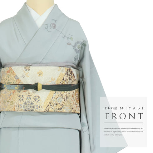 訪問着 リサイクル 身丈159.2cm 裄64.4cm 袷 華文柄 汕頭刺繍 グレー Mサイズ セミフォーマル お洒落 正絹 広衿 Sランク
