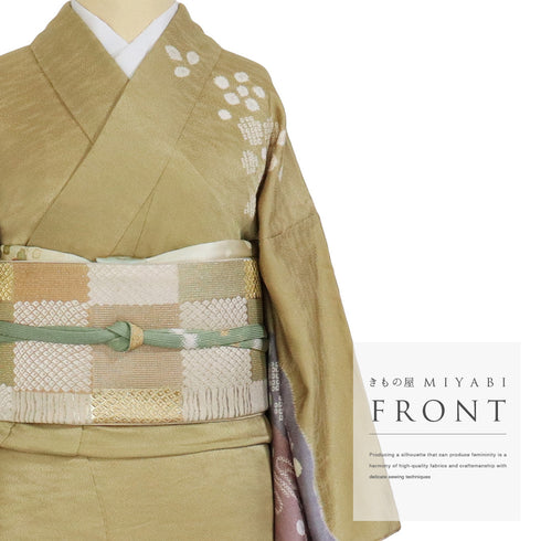訪問着 リサイクル 身丈159cm 裄65cm 袷 観世水 花柄 部分絞り ベージュ サイズ セミフォーマル お洒落 一つ紋 正絹 広衿 Sランク