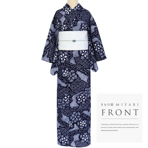 浴衣 リサイクル 夏着物 身丈150cm 裄60.5cm 夏物 絞り 扇子や花柄 ネイビー SSサイズ カジュアル 木綿 洗える着物 バチ衿 Sランク