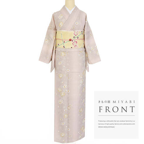 小紋 リサイクル 身丈164.5cm 裄66cm 袷 縞模様 花柄 既製品 ピンク Lサイズ お洒落 ポリエステル 洗える着物 広衿 Aランク