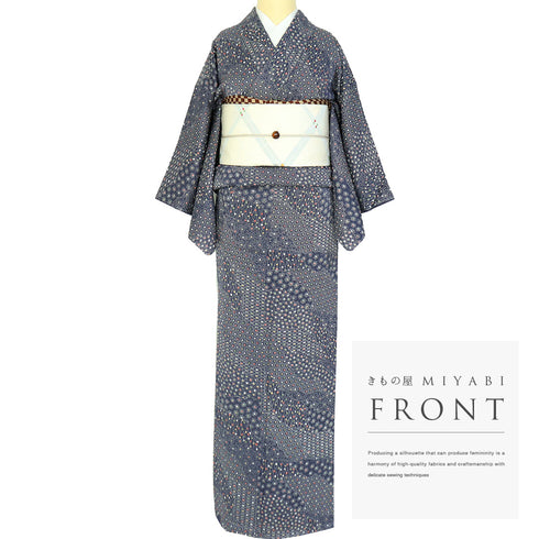 小紋 リサイクル 身丈158.5cm 裄62.4cm 袷 小花に道長取り模様 絞り ブルー Mサイズ お洒落 カジュアル しつけ糸 正絹 広衿 Sランク