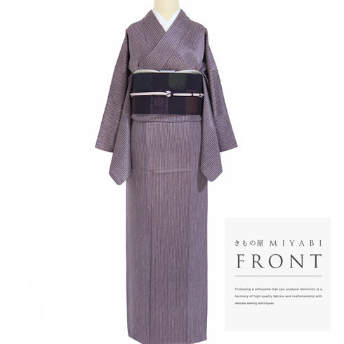 小紋 リサイクル 身丈155cm 裄65.3cm 袷 縞模様 伝統工芸士 一級技能士 長居賢珠 パープル Sサイズ カジュアル 落款 正絹 広衿 Sランク