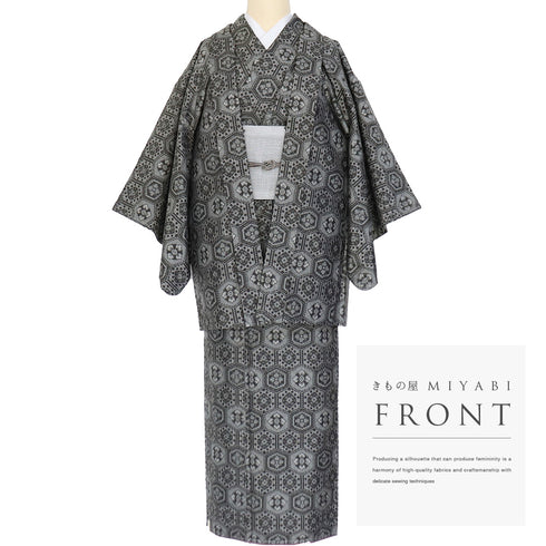 アンサンブル 紬 リサイクル 身丈163.3cm 裄62.6cm 羽織丈76cm 袷 亀甲柄 グレー Lサイズ カジュアル お洒落 しつけ糸 正絹 広衿 Sランク