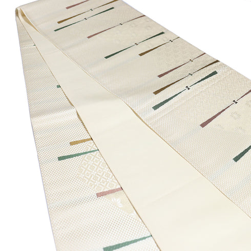 袋帯 リサイクル 帯丈440cm 全通 幾何学柄 地紋 ベージュ Mサイズ 正絹 新品・未使用品 お洒落