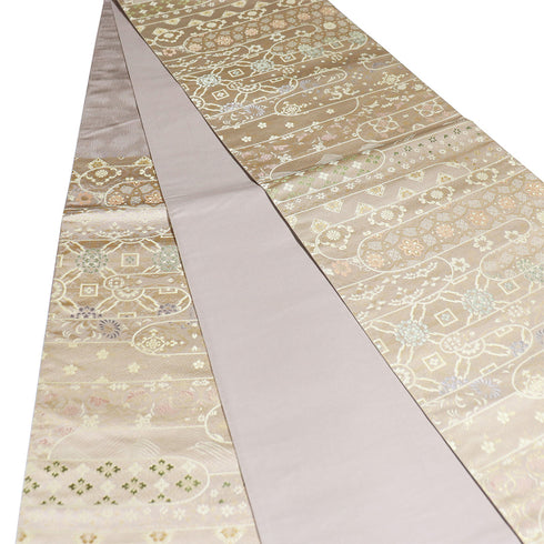 袋帯 リサイクル 帯丈452cm 六通 エ霞に欧亜吉祥文 錦織 ベージュ Lサイズ 正絹 Sランク フォーマル セミフォーマル