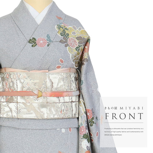 訪問着 リサイクル 身丈161.3cm 裄67.2cm 袷 菊柄 たたき柄 箔加工 グレー Lサイズ セミフォーマル お洒落 正絹 広衿 Sランク