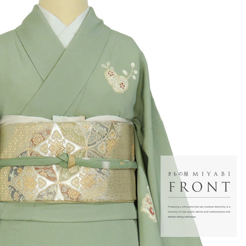 付下げ リサイクル 身丈158.2cm 裄64.4cm 袷 桐柄 観世水 金駒刺繍 箔加工 パールトーン加工 グリーン Mサイズ お洒落 正絹 広衿 Sランク